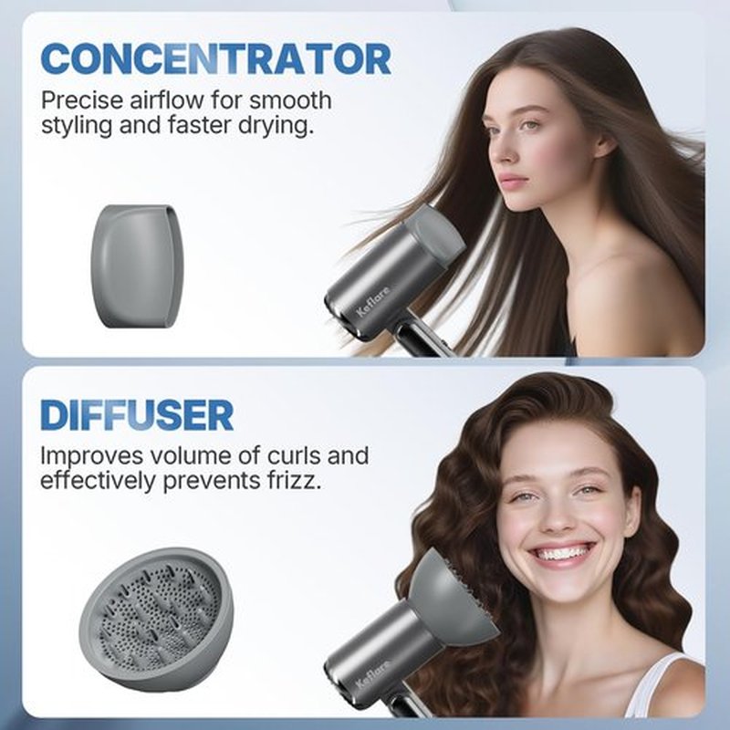 Keflare Hair Dryer 1800W Ionic Fast-Drying with Diffuser & Concentrator Nozzle for Curly Hair, Mini Blow Dryer with Compact Design, Foldable, Lightweight, Portable for Home & Travel