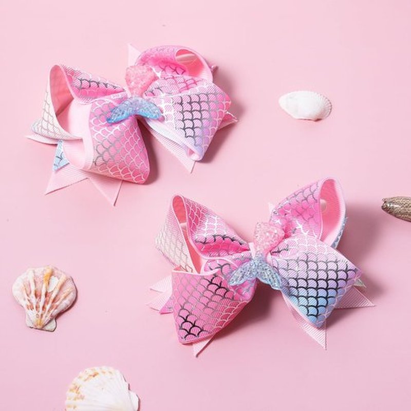 Glitter Mermaid Hair Bow Clips Girls Birthday Gift 2pcs 4.7" Mermaid Scales Ribbon Alligator Barrettes for Kids Toddlers Teens Summer Beach Dress outfits Decor Accessories