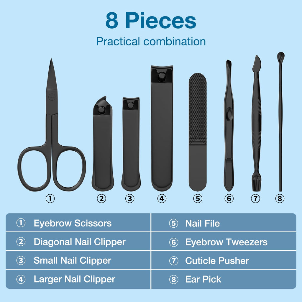 OFIDUS Precision 8 Pieces Men’s Nail Grooming Travel Kit, Stainless Steel Manicure Set with Fingernail & Toenail Clippers, Nail File, Slant Tip Tweezers, Cuticle Scissors, Cuticle Pusher, Travel Case