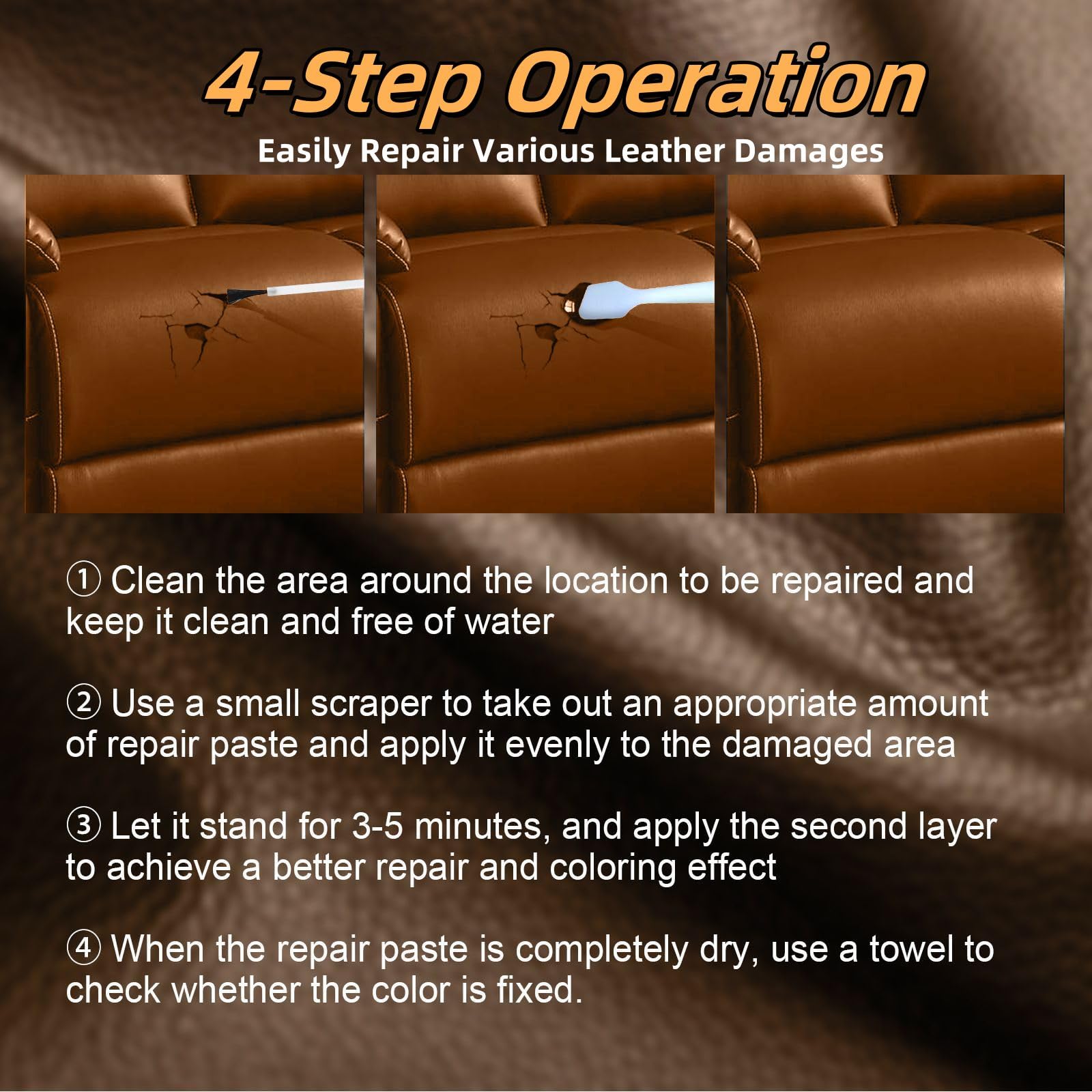 Leather Repair Kit for Furniture, Sofa, Jacket, Car Seats & Purse, 5Pcs Vinyl Repair Kit with Easy Instructions, Fix Tears, Scratches, Holes & Peeling on Genuine, Faux, Bonded Leather (Dark Brown)