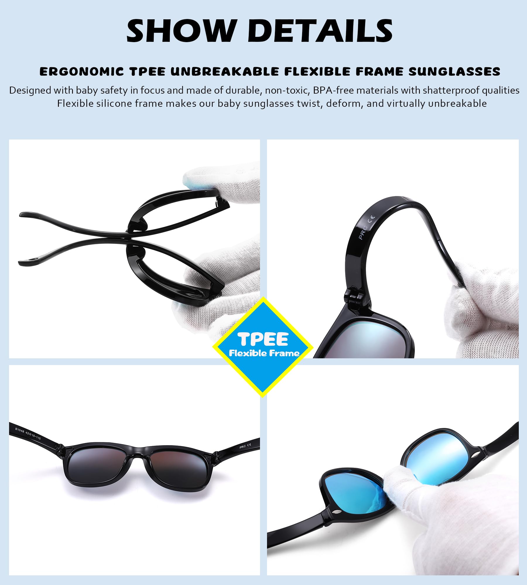 NULOOQ Polarized Baby Sunglasses with Strap - Unbreakable Flexible Infant Sunglasses for Toddlers Age 0-24 Months (Matte Black Frame/Gray Lens)