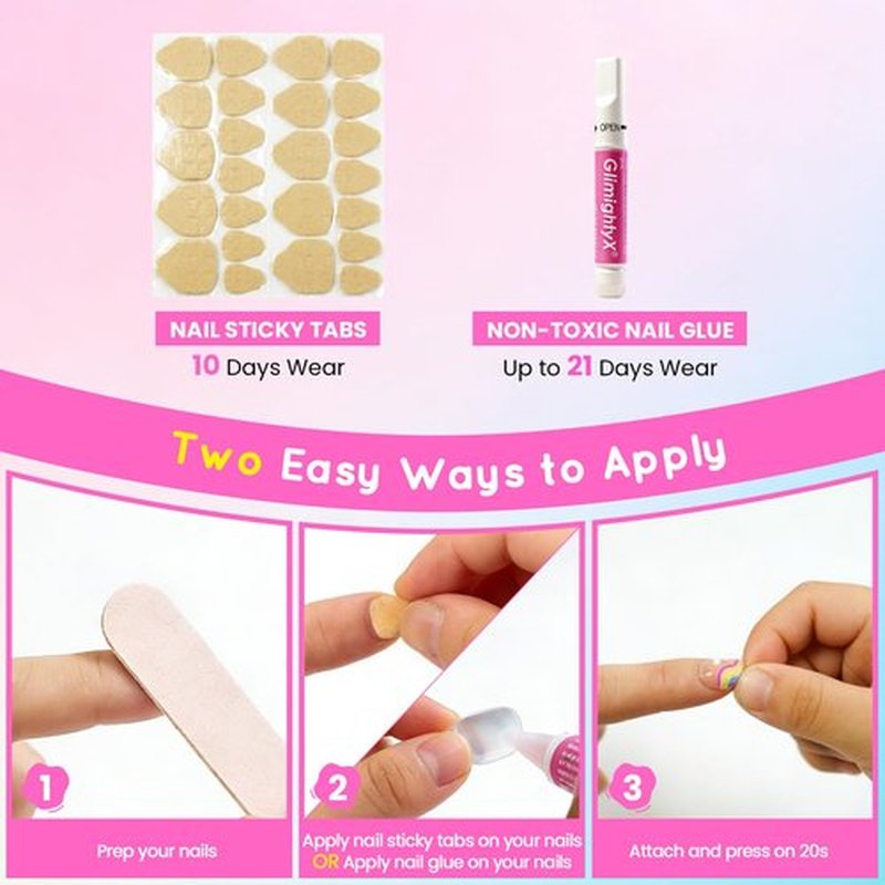 72 Pcs Press on Nails for Kids, GlimightyX 3 Styles Girls Fake Nails Set with Nail Glue & Sticky Tabs,Flower Rainbow Pink Nails Set for 8-12 Years Old,Christmas Gift DIY Home