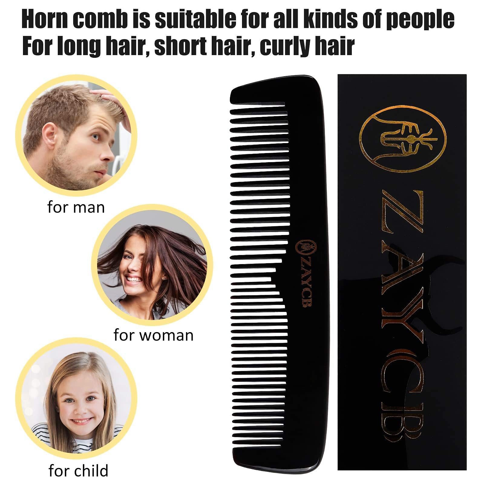 ZAYCB Buffalo Horn Comb - Anti-Static Detangling Styling Comb for All Hair Types (Classic Fine Tooth, Men, Women, Kids)