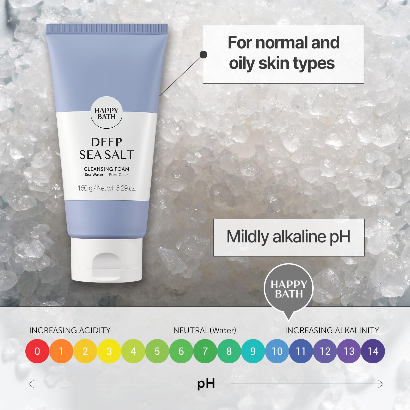 HAPPY BATH Deep Sea Salt Facial Cleanser, Exfoliating Face wash with Cellulose beads, Combination to Oily Skin, Korean Foaming Face Cleanser, Gentle Formula for Daily Use, 5.29 Fl Oz.