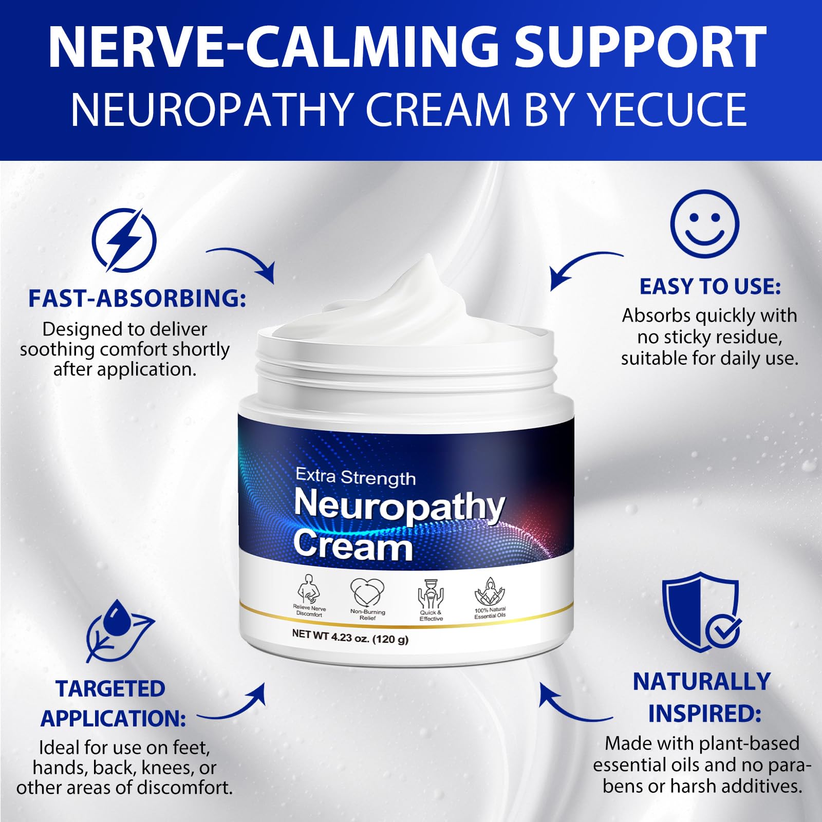 ISUNRISE Neuropathy Nerve Relief Cream - Maximum Strength Soothing for Feet, Hands, Legs, Toes, Back Discomfort - Fast Absorbing Gel Moisturizing Cream, Non-Greasy - 4.23 oz