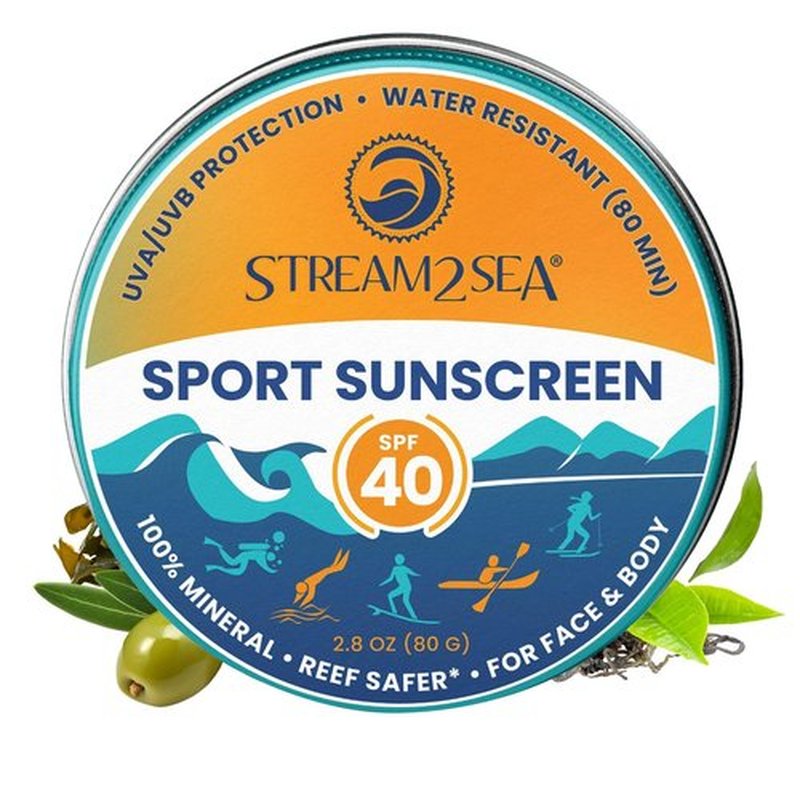 STREAM2SEA SPF40 Unscented Mineral Sport Sunscreen in Tin with EcoSafe Zinc for Face & Body, Natural Organic Biodegradable Coral Reef Safe Sunscreen, Travel Size, Mineral Based, 2.8 oz