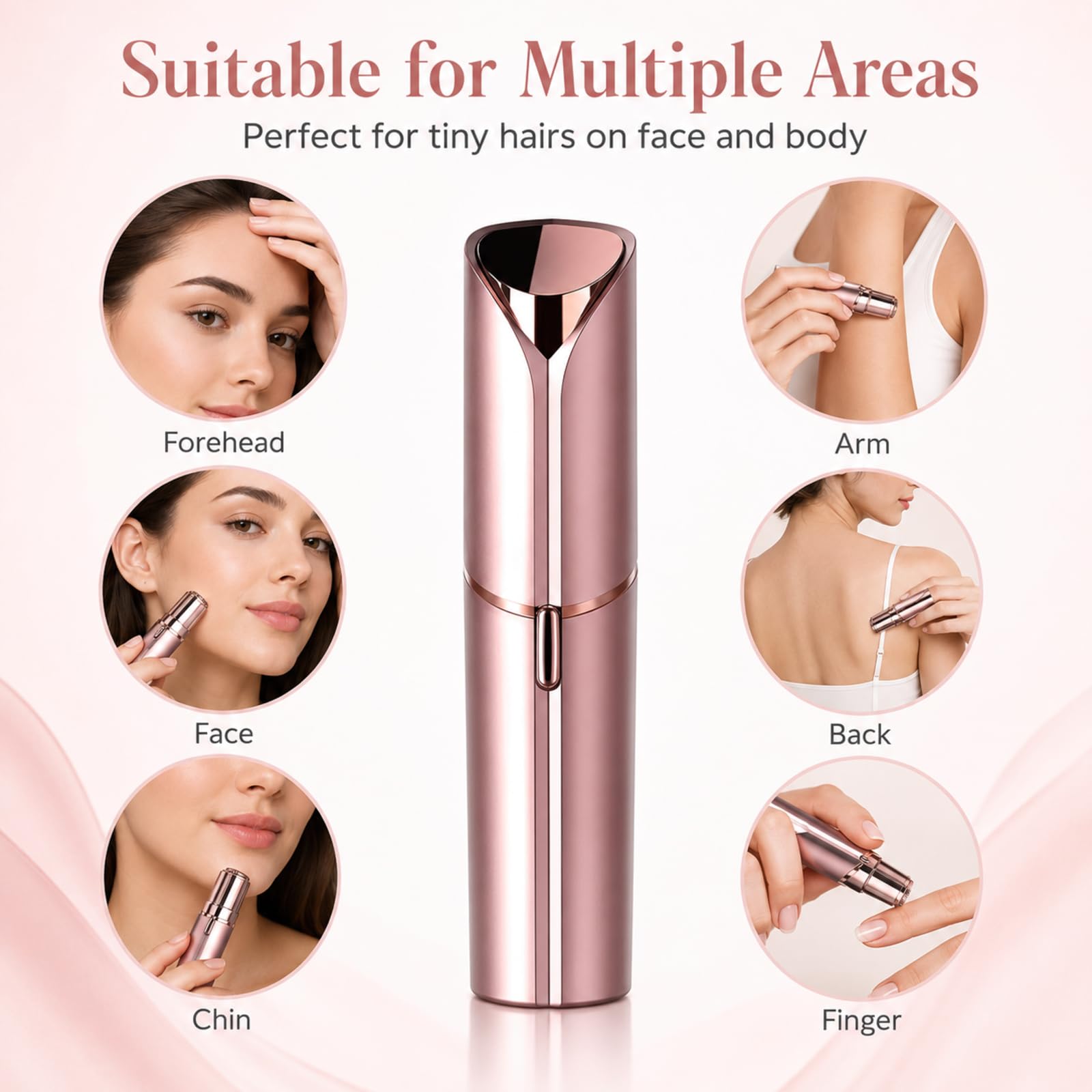 Flawless Facial Hair Removal for Women, Device, Remover Women Face, Finishing Touch Upper Lips, Chin & Cheeks, USB Rechargeable with LED LightIncluded Two Replacement Heads（Rose Gold）