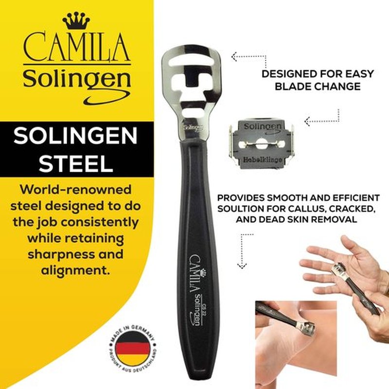 Camila Solingen CS22 5 1/2" Corn Plane Foot Callus Remover, Hard Skin Heel Shaver Pedicure Cutter Kit for Feet and 10 Spare Blades, Pedicure Tools for Healthy Foot Care Made in Solingen Germany