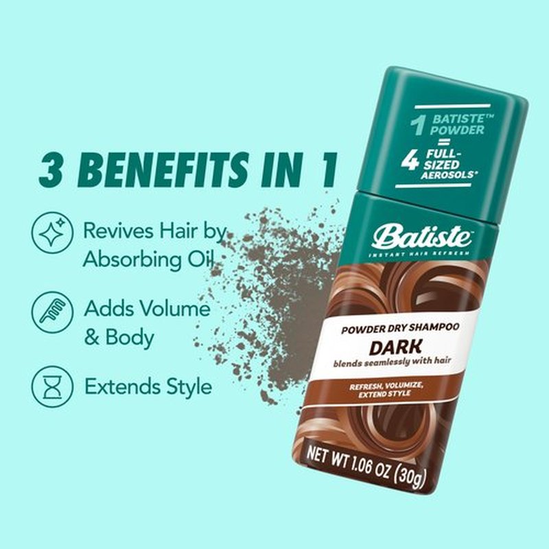 Batiste Powder Dry Shampoo, Oil-Absorbing, Non-Aerosol, Blends Seamlessly for Dark Hair, Instant Hair Refresh, TSA Compliant (1.06 oz)