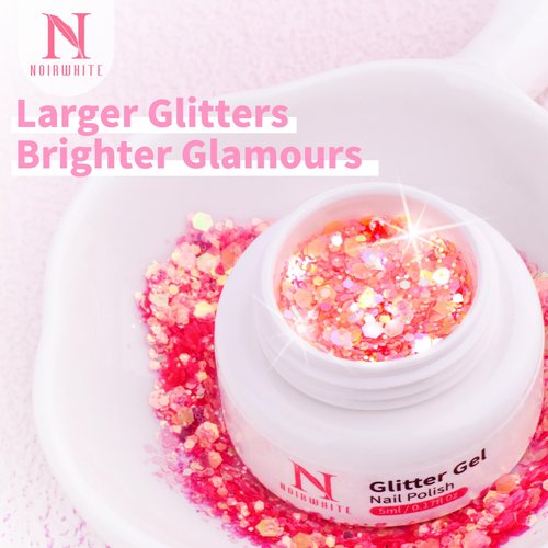 noirwhite Glitter Gel Nail Polish Set -12 Colors Sparkle Sequins Gel Polish Resplendent Colorful Trendy Translucent Glitter Solid Nail Polish Kit Soak Off UV LED for Home DIY Salon with Brush