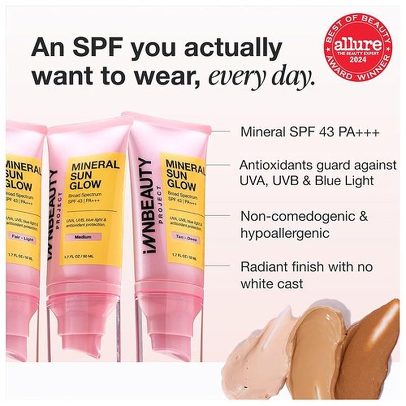 INNBEAUTY PROJECT Mineral Sun Glow Sunscreen SPF 43 - Broad Spectrum Protection with Peptides, Medium Tint, 1.7 OZ