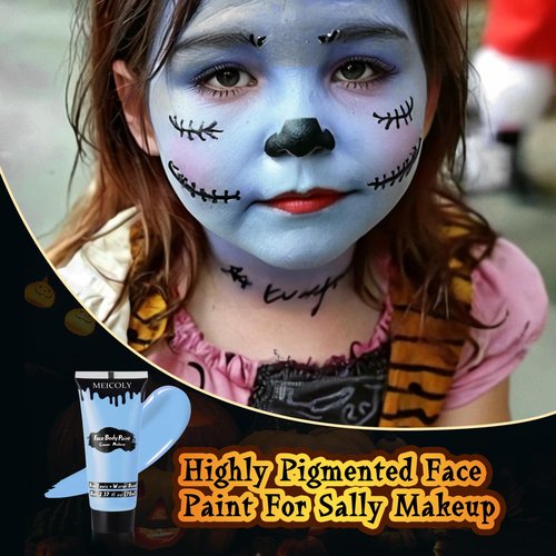 MEICOLY Sally Makeup Kit,Professional Sally Costume Corpse Bride Makeup,Light Blue Face Paint and Setting Powder Halloween Makeup Kit,Sally Face Cosplay,Liquid Eyeliner+False Eyelash+Lipstick+Sponges