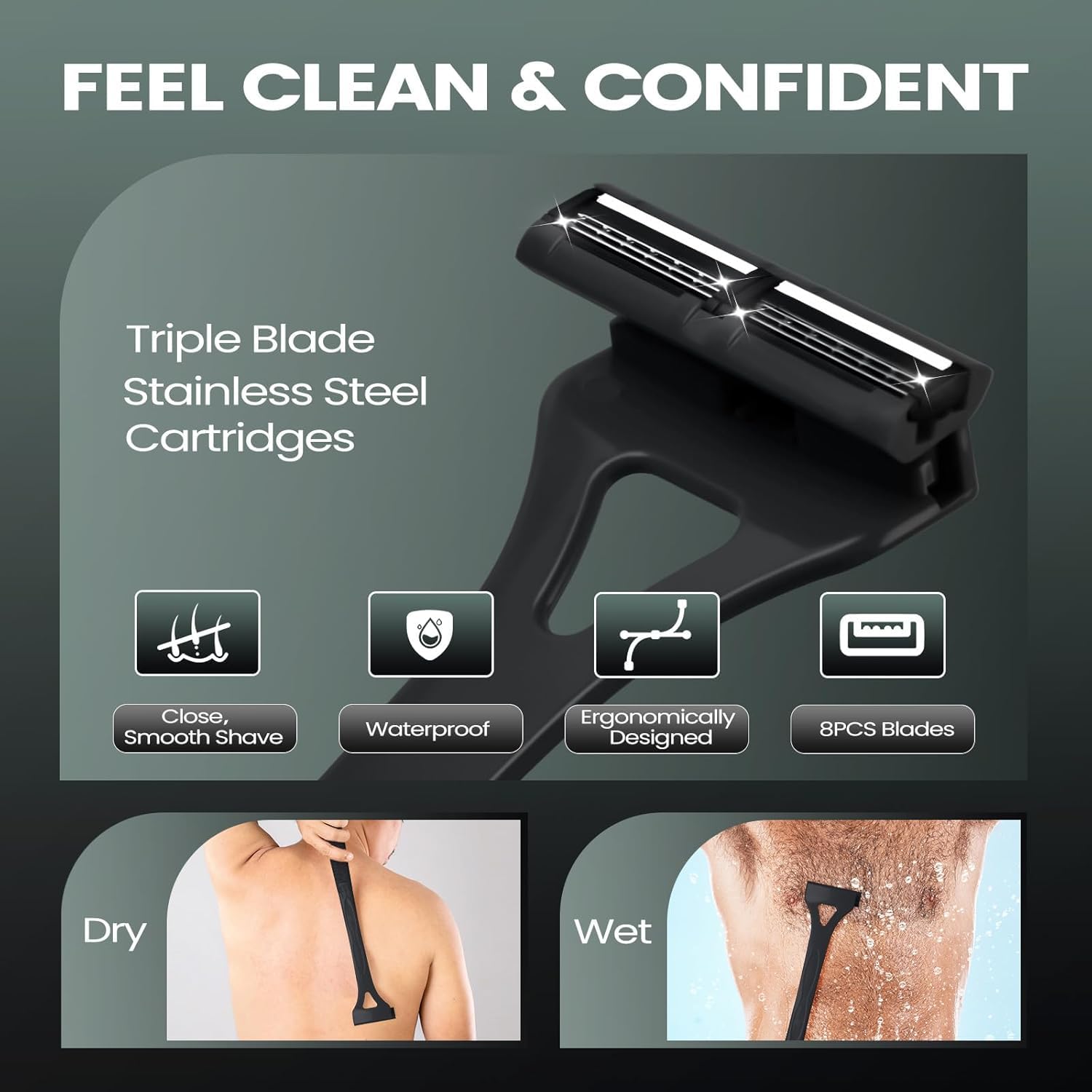 ETbyto Back Shavers for Men with Foldable Long Ergonomic Handle: DIY Hair Shaver, Replaceable Safety Blade & Portable Razor Groomer for Men, Wet & Dry Shaving(8PCS Blades Included)