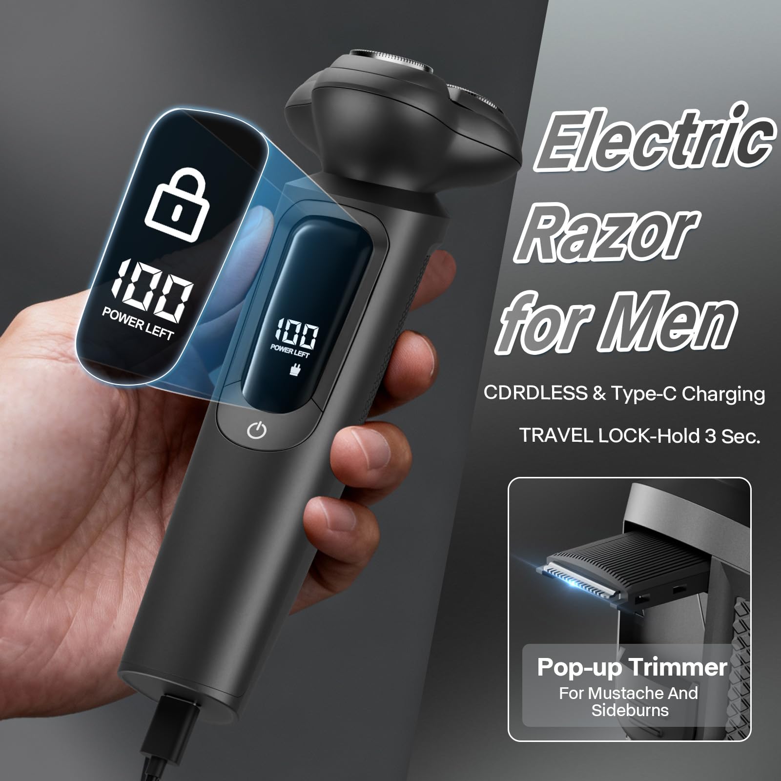 Electric Razor for Men, IPX8 Waterproof with Type-C Quick Charge, 3D Flex Blades & Pop-Up Trimmer, 60min Runtime, Travel Lock, Wet & Dry Shave,Ash Gray