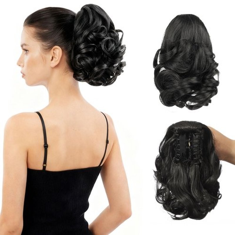HEWEICSY Ponytail Extension, Clip on Ponytails for Women, 9" Claw Clip in Short Curly Wavy Pony Hair Extension for Women - Natural Black