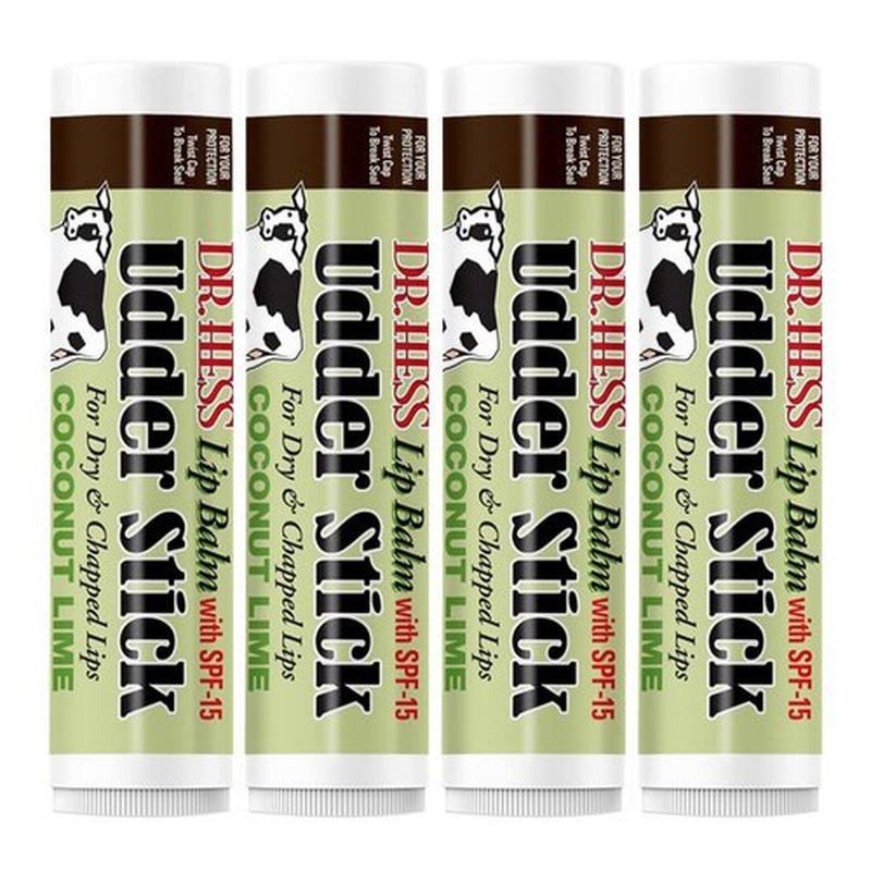 Dr. Hess Original Udder Stick SPF Lip Balm, Soothing Moisturizer Sun Screen Balm for Dry Lips with Jojoba, Beeswax & Shea Butter, Total Lip Care, Hydration & Repair, Coconut-Lime Flavor, 4 Pack