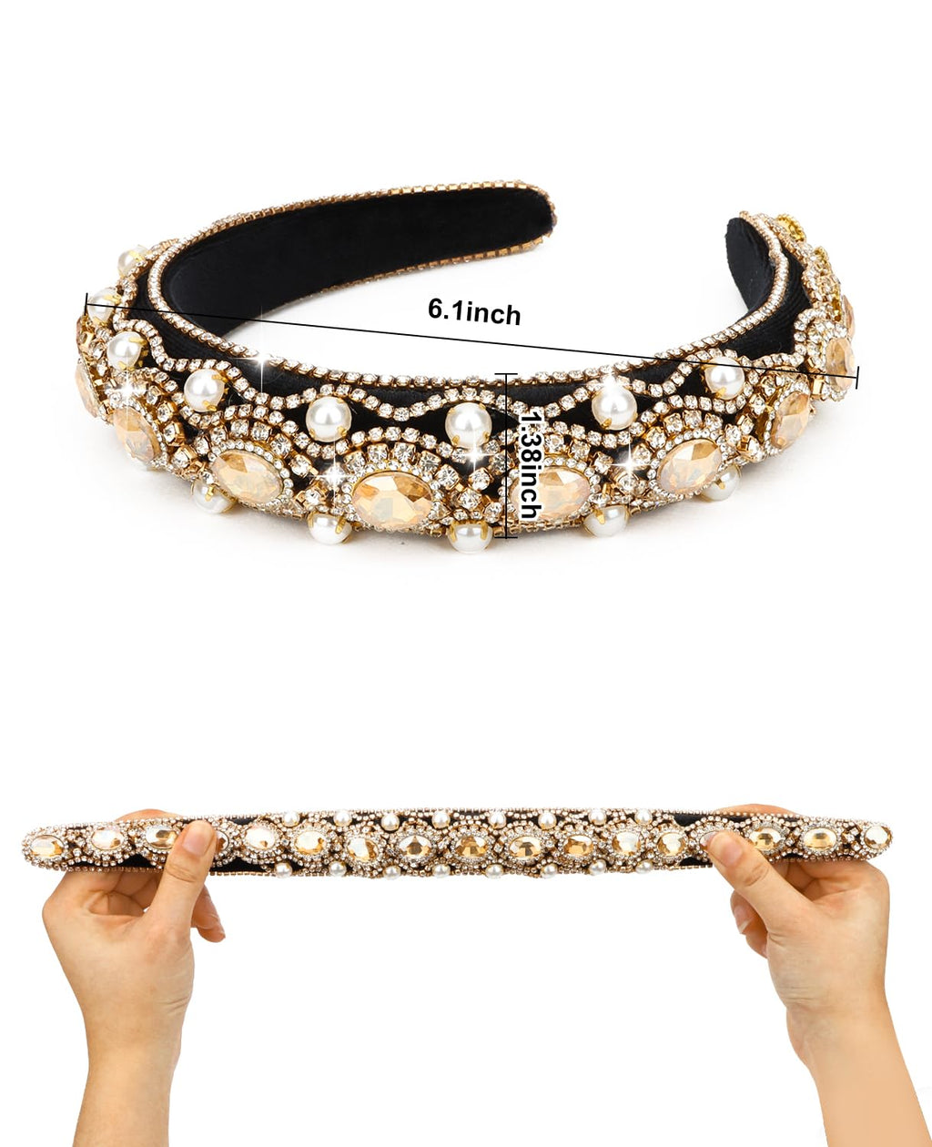 Wecoe Champagne Gold Rhinestone Headband with Pearls Women Vintage Fancy Sparkly Diamond Padded Bulky Puffy Luxury Beaded Headband Renaissance Costume Hair Accessories For Women Girls Gifts