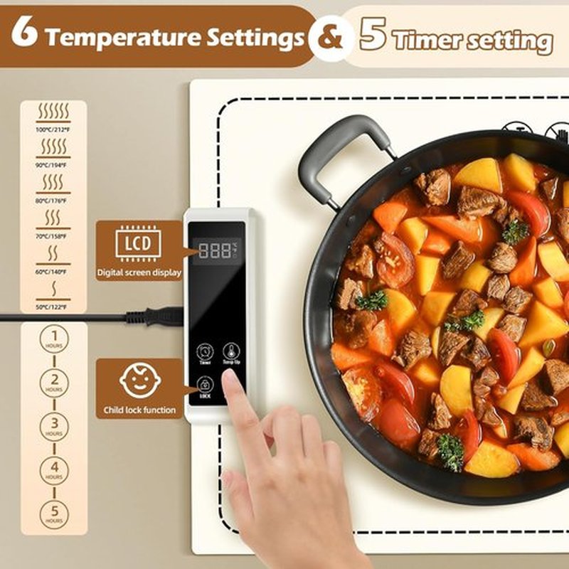 PIGLOG Electric Warming Tray - Fast Heating with 6 Temperature Settings | Full Surface Graphene Food Warmer (White, 24x15)