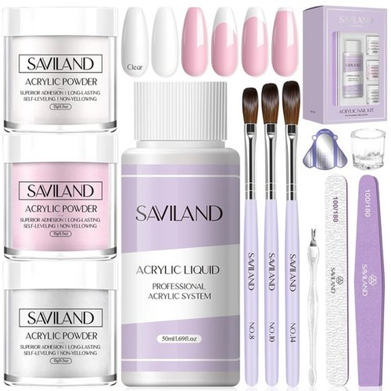 SAVILAND Acrylic Nail Kit for Beginners - Clear, White & Pink Powder, 1.7 fl oz Liquid, 100Pcs Tools