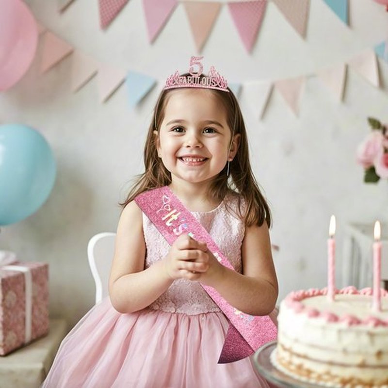 Hapdoo 5th Birthday Decorations for Girls Set - Happy 5th Birthday Princess Crown and Glitter Sash, 5 Year Old Girl Tiara Party Decorations Supplies Outfit Accessory Gifts