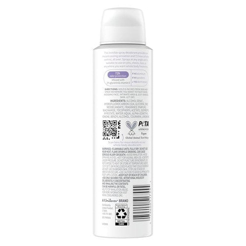 Dove Whole Body Deodorant - Aluminum-Free Coconut & Vanilla Spray for 72-Hour Odor Control | 4 oz