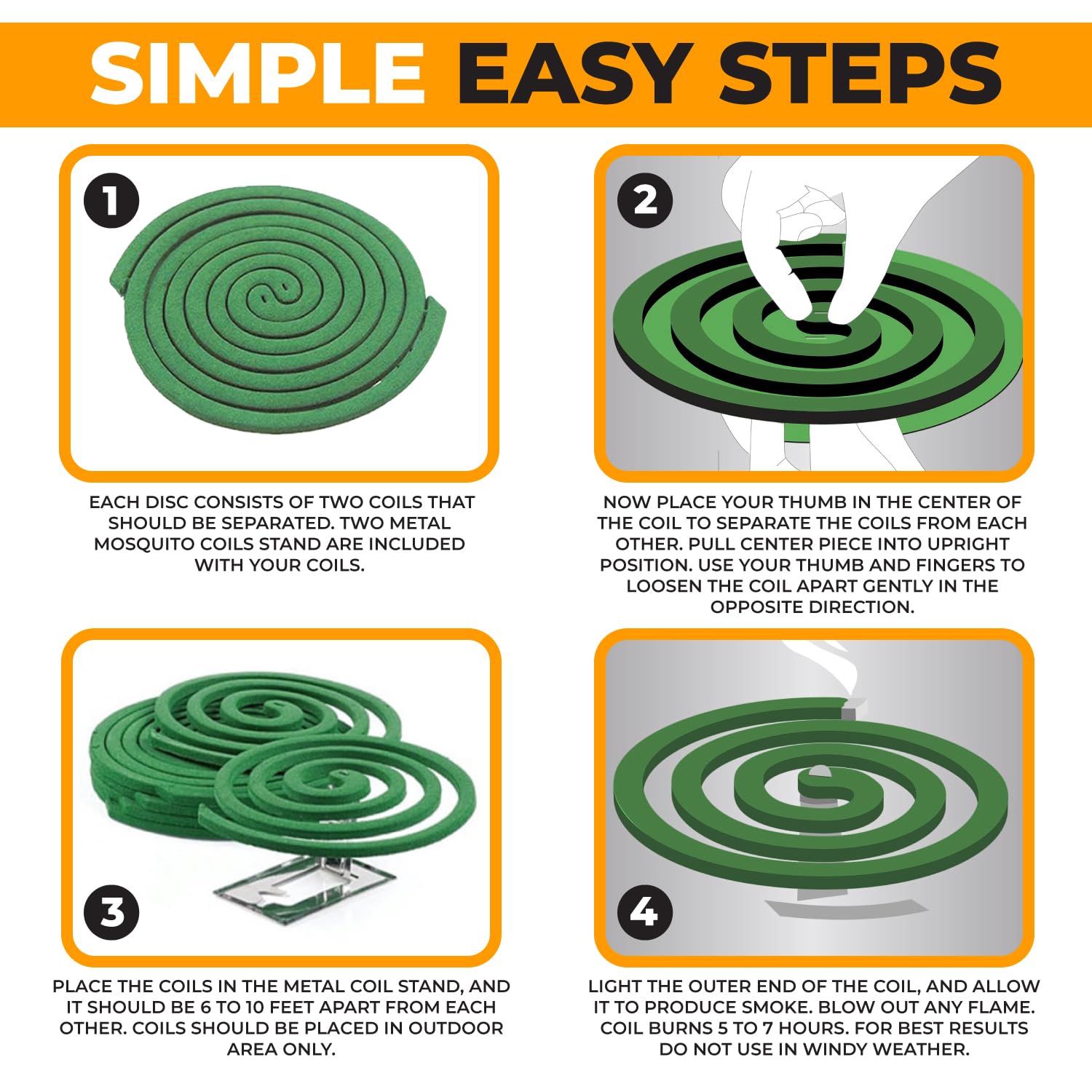 Natural Essential Oil Scented Coils - Outdoor Use Reaches Up to 10 feet - Each Burns for 5-7 Hours (20 coils & 8 Coil Stands) for Patio Backyard