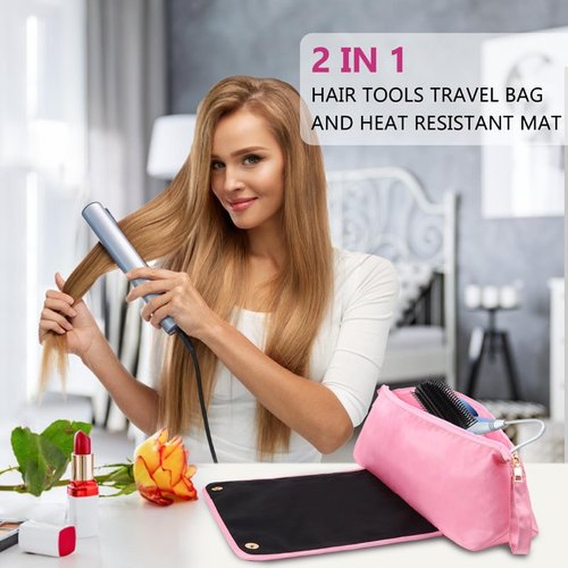 GERYUAEG Large Hair Tools Travel Bag with Heat Resistant Mat for Straighteners, Curling Iron, Haircare Accessories, Hair Styling Tools Bag with Silicone Mat (Pink)