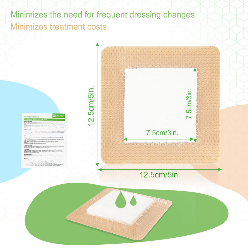 NeuHeils Silicone Super Absorbent Wound Dressing 5''x5'' 10 Packs, Self-Adhesive Waterproof Bandage with Ultrasorb Polymer Pad for Heavy Exudates Wound