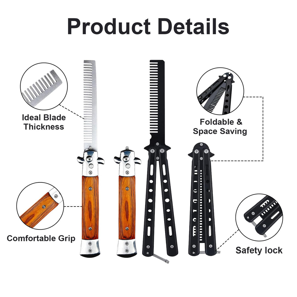 2 Pack Automatic Switch Folding Practice Combs, Stainless Steel Butterfly Comb, Switchblades Comb, Outdoor Training Pocket Combs, Hair Brush for Beard, Mustache, Hair Styling Tools(Black&Brown)