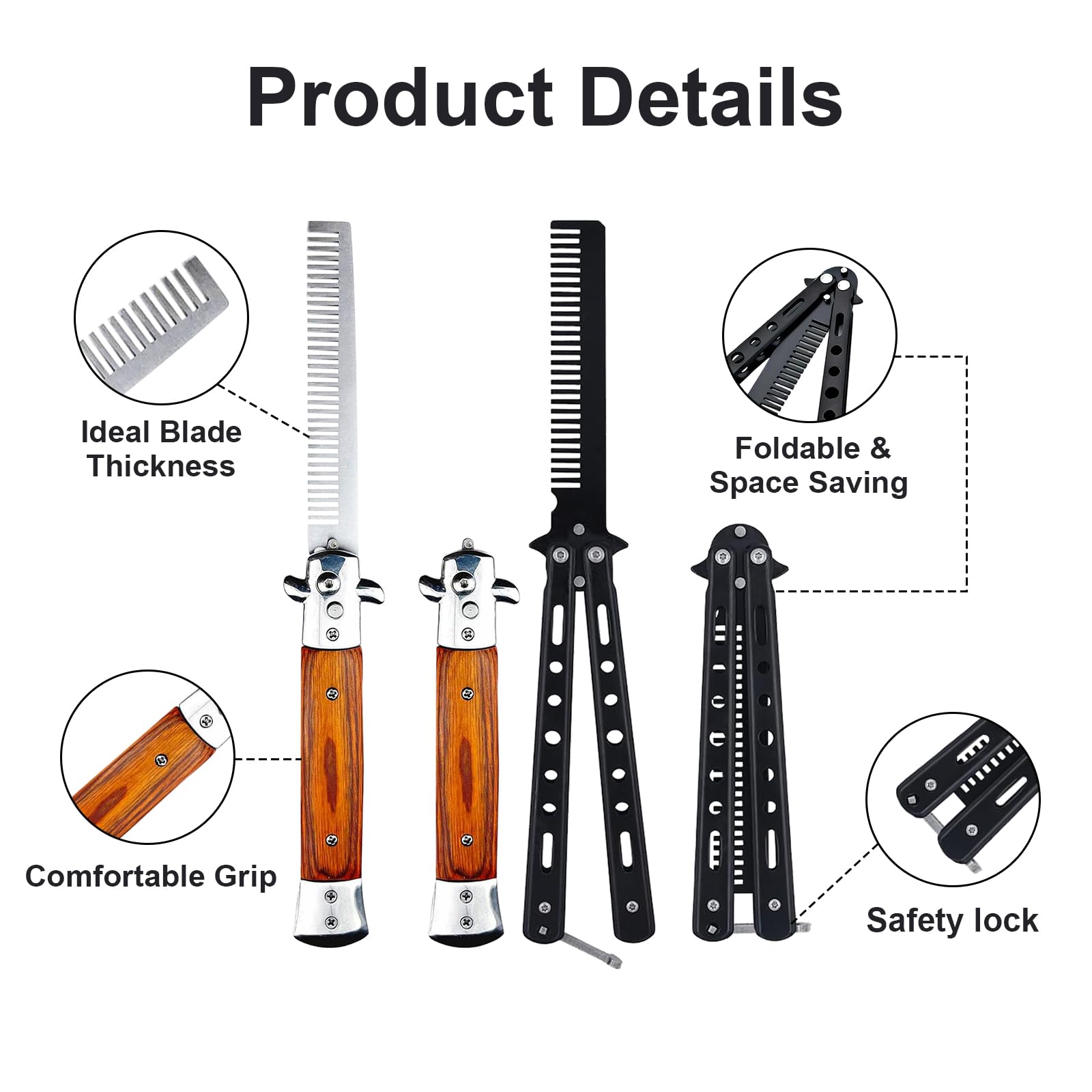 2 Pack Automatic Switch Folding Practice Combs, Stainless Steel Butterfly Comb, Switchblades Comb, Outdoor Training Pocket Combs, Hair Brush for Beard, Mustache, Hair Styling Tools(Black&Brown)