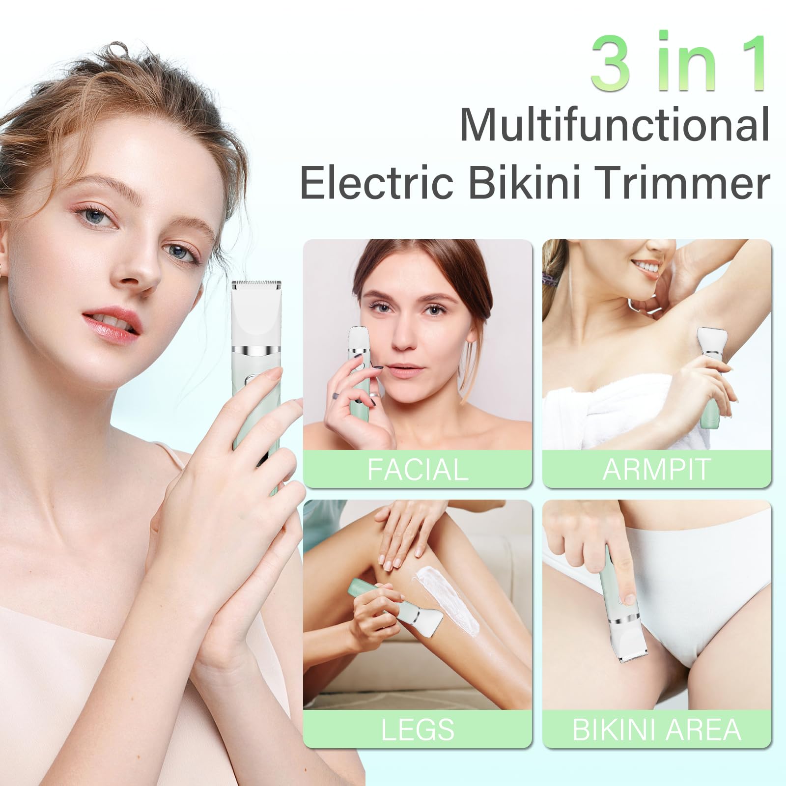 Bikini Trimmer for Women, 3-in-1 Electric Razors for Silk Skin, Wet/Dry Body Hair Shaver for Face Nose Eyebrow Arms Armpit Legs Pubic Area, Painless, IPX7 Waterproof, Ceramic Blade