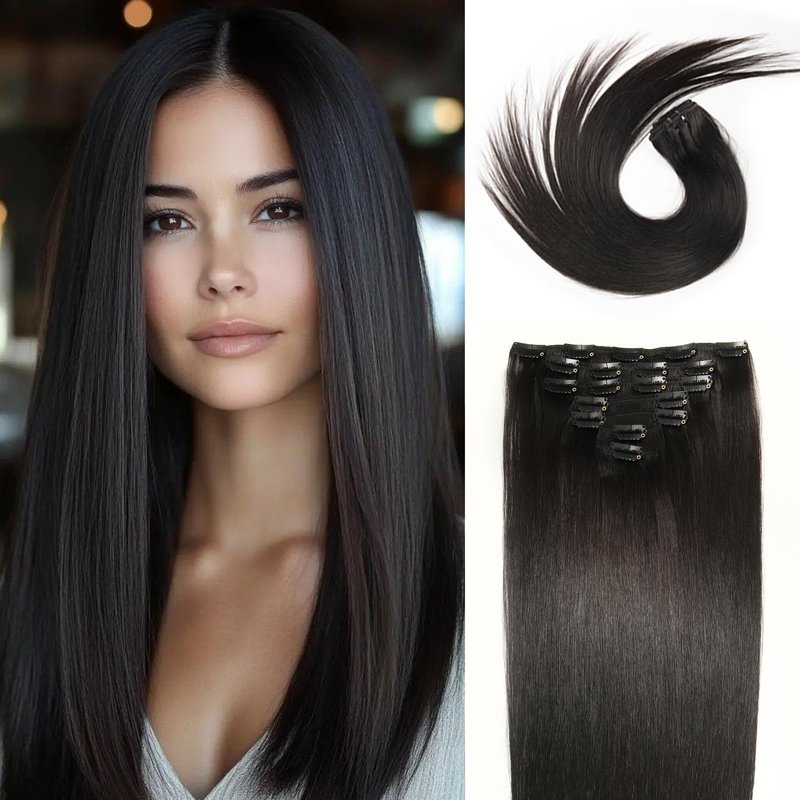 WOWANGEL Clip in Hair Extensions Human Hair,20" Seamless Clip Ins No Damage,7pcs 120g Remy Hair Reusable for Daily Styling,Weddings,Events,Natural Black (1B)