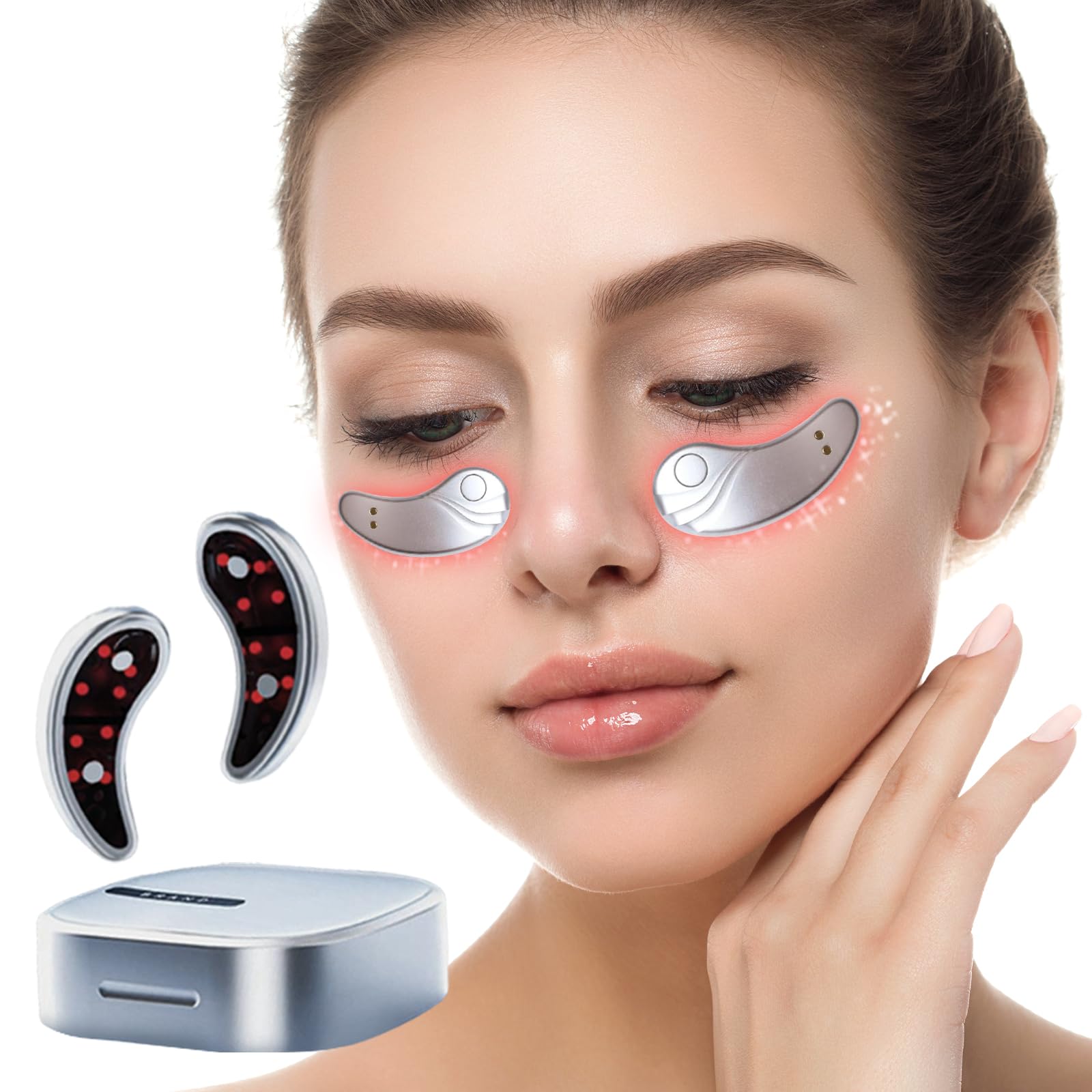 OGGRXOR Under Eye Light Therapy Device | Portable Massager Patches | Beauty Device with Eye Massage for Relieve EyeBags,Fatigue, Dark Circles,Wrinkle | Red Light Therapy with Gel | Sliver