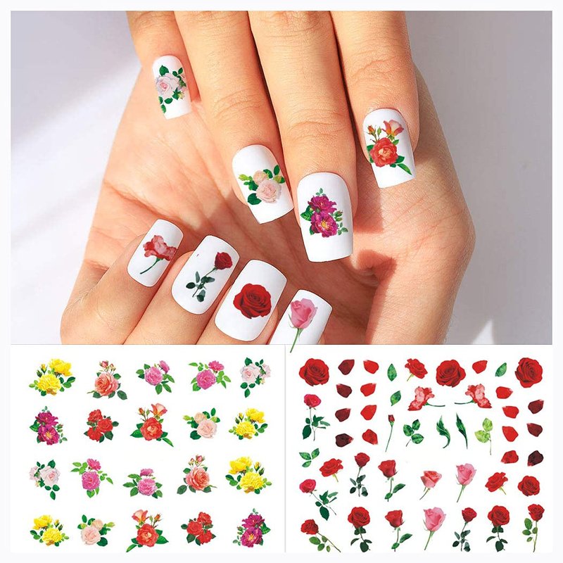 WOKOTO 44 Sheets Feather Nail Art Stickers - 3D Nail Decals with Flowers, Animals - Self-Adhesive Flower Nail Stickers for Women & Girls Acrylic Nails