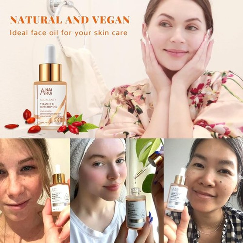 ANAI RUI Squalane + Vitamin E Rosehip Oil Moisturizer for Face,Hair,Skin& Nail Hydrate, Reduce Scars and Stretch Marks, Wrinkles for Smoother, Softer Skin 1 fl. Oz
