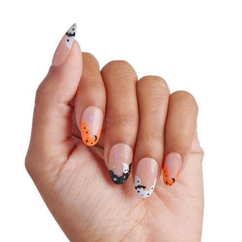 KISS imPRESS Halloween Press On Nails, ‘The Creeps’, Multicolored, Medium Oval, Glossy Finish, No Glue, Glow-In-The-Dark, Includes Prep Pad, Mini Nail File, Manicure Stick & 30 Fake Nails