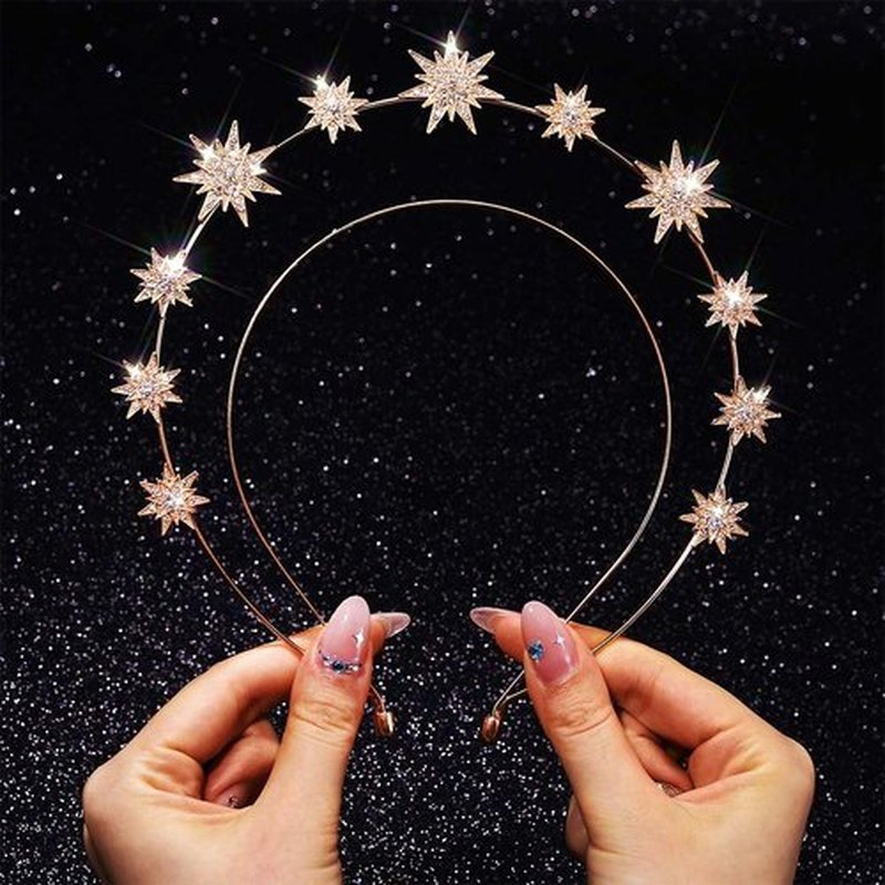 CAKURE Star Halo Crown Headband Rhinestone Gold Goddess Headpiece Metal Mary Celestial Crowns Bride Wedding Hair Accessories for Women