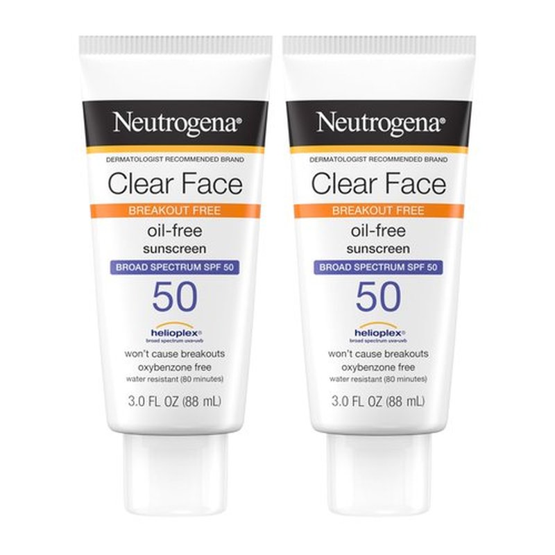 Neutrogena Clear Face Sunscreen Lotion for Acne-Prone Skin, Broad Spectrum SPF 50 Facial Sunscreen for Oily Skin, Oil-, Fragrance- & Oxybenzone-Free Water Resistant Sunscreen, Twin Pack, 2 x 3 fl. oz