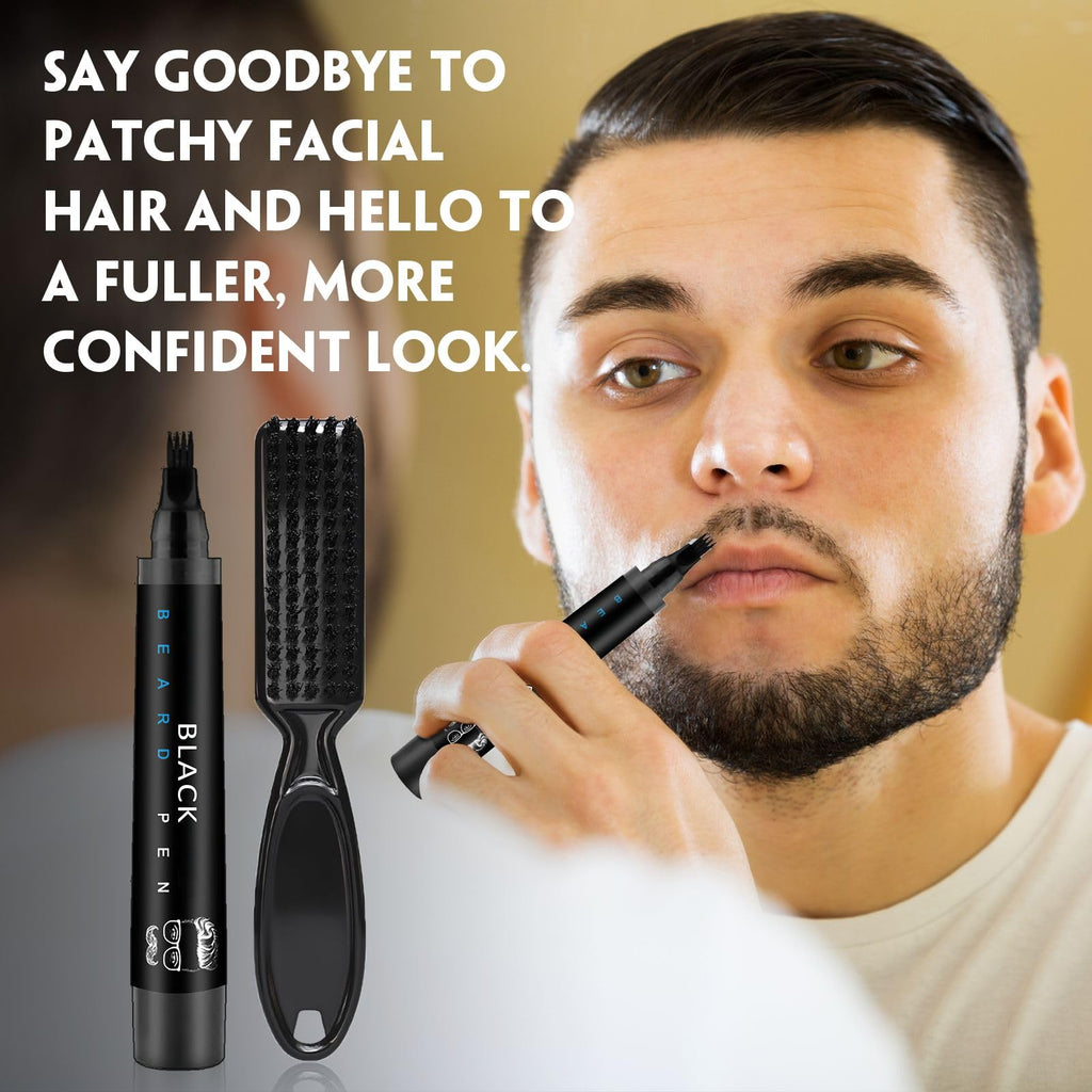 Beard Pencil Filler for Men Black - Beard Pen with Brush, Barber Pencil Smudge-proof & Water-proof Mens Grooming Kits Creating Natural Beard Color, Gifts for Men (Black)