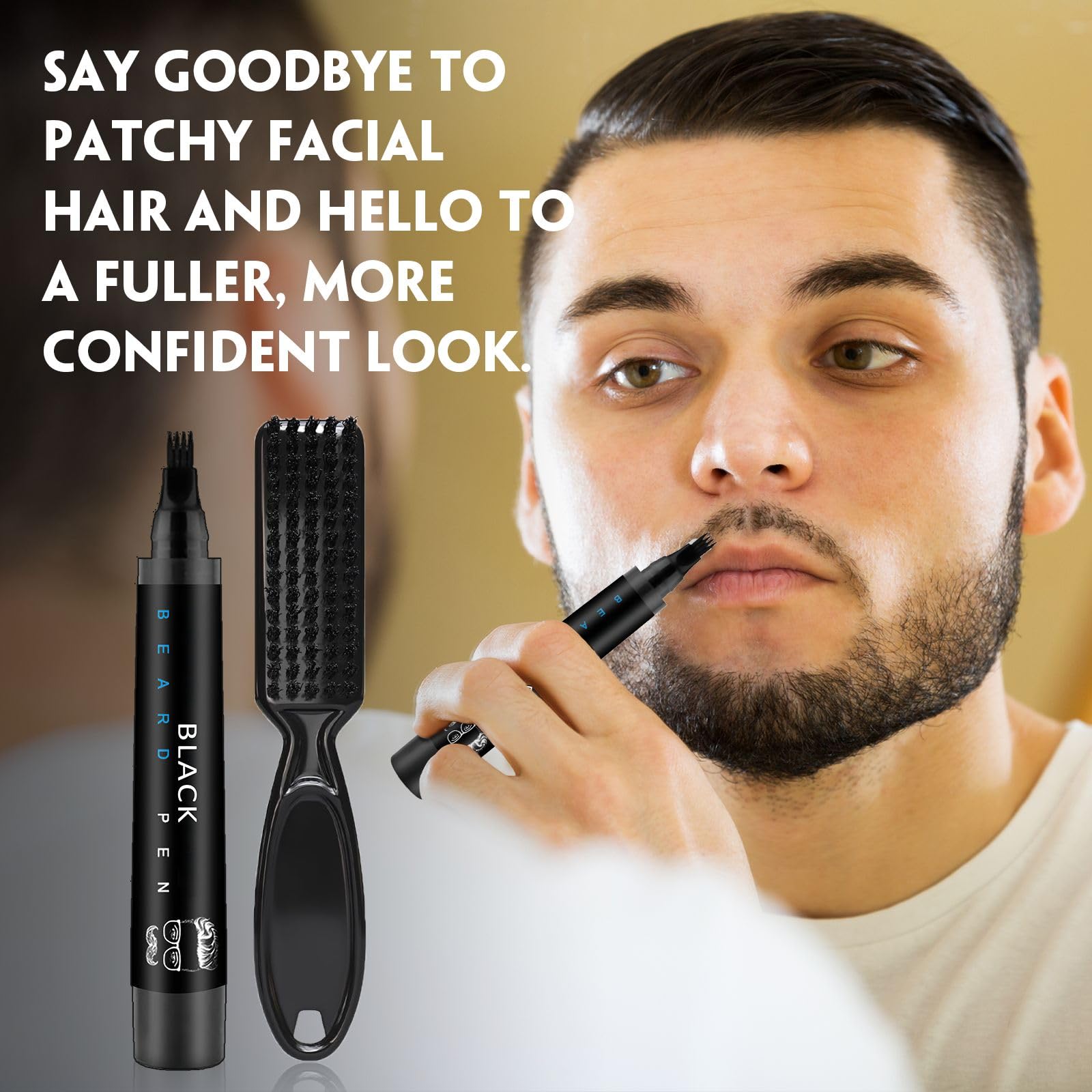 Beard Pencil Filler for Men Black - Beard Pen with Brush, Barber Pencil Smudge-proof & Water-proof Mens Grooming Kits Creating Natural Beard Color, Gifts for Men (Black)