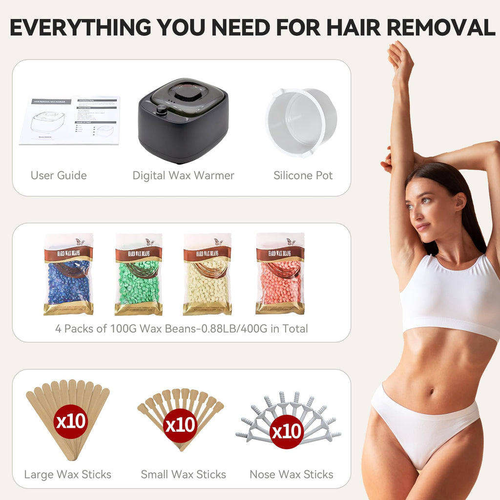 Waxing Kit for Women Men, Wax Warmer with Silicone Bowl & 4 Bags Hard Wax Beads, Portable Wax Kit for Sensitive Skin Full Body Hair Removal, Brazilian Bikini, Eyebrow, Face, Black