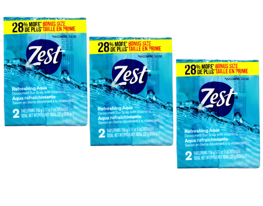 Zest Refreshing Aqua Deodorant Bar Soap with Vitamin E, Rinses Germs Away, 2 ct, 4.12 oz Each (Pack of 3)