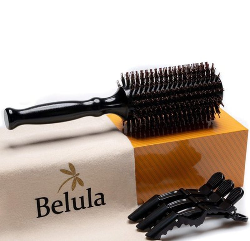 Belula Boar Bristle Round Hair Brush - 2.7” Wooden Barrel for Volume & Body | Includes 3 Hair Clips & Travel Bag