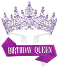 Papoopy Birthday Tiara Crown with Sash for Women, Headband Hair Accessories for Wedding Party Costume (A-Purple)