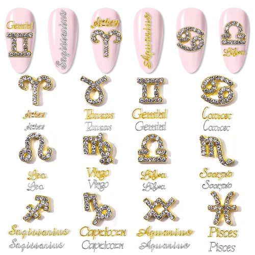 DANNEASY 36pcs Zodiac Nail Charms Nail Letter Charms Nail Rhinestones Gems Alloy Nail Jewels 3D Nail Art Charms Virgo Leo Aries Taurus Gemini Capricorn Nail Decoration Jewelry for Acrylic Nails
