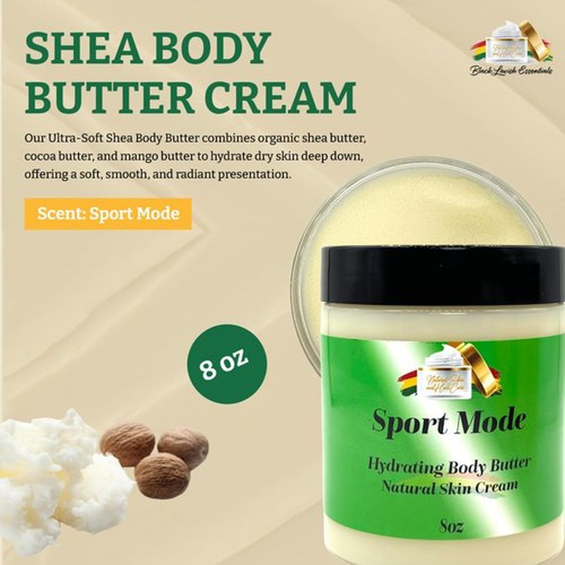 Black Lavish Essentials Ultra-Soft Shea Body Butter, Dry Skin Cream for Radiant Moisturized Skin, Natural Hydrating Body Lotion with Aloe Vera, Argan Oil, Rosehip Oil, (Sport Mode, 8oz)