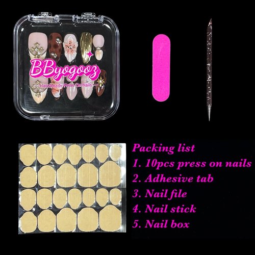 Handmade Press On Nails Medium Almond 10 Unique 3D Floral Designs Gold Filigree Crosses Caramel-Brown & Peach Blossoms | Reusable Acrylic False Nails for Women (Brown, L Size)