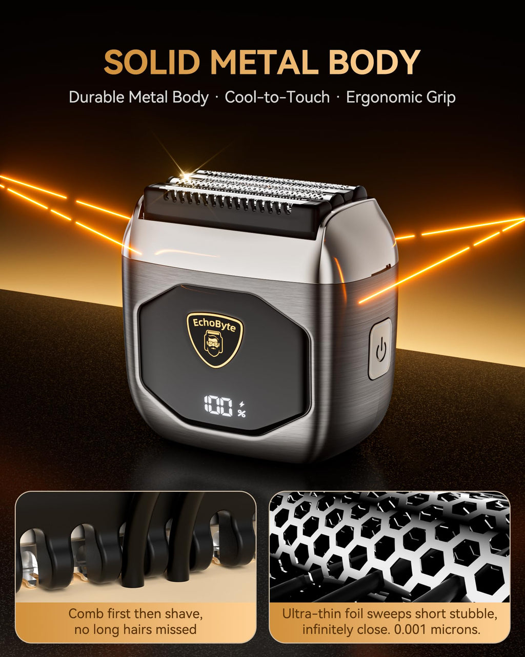 EchoByte Full Metal Electric Foil Shaver for Men: 4 Floating Blades, IPX7 Waterproof Wet & Dry Mini Razor, 120-Min Runtime USB-C Rechargeable, Quiet Travel Groomer with LED Display & Travel Lock