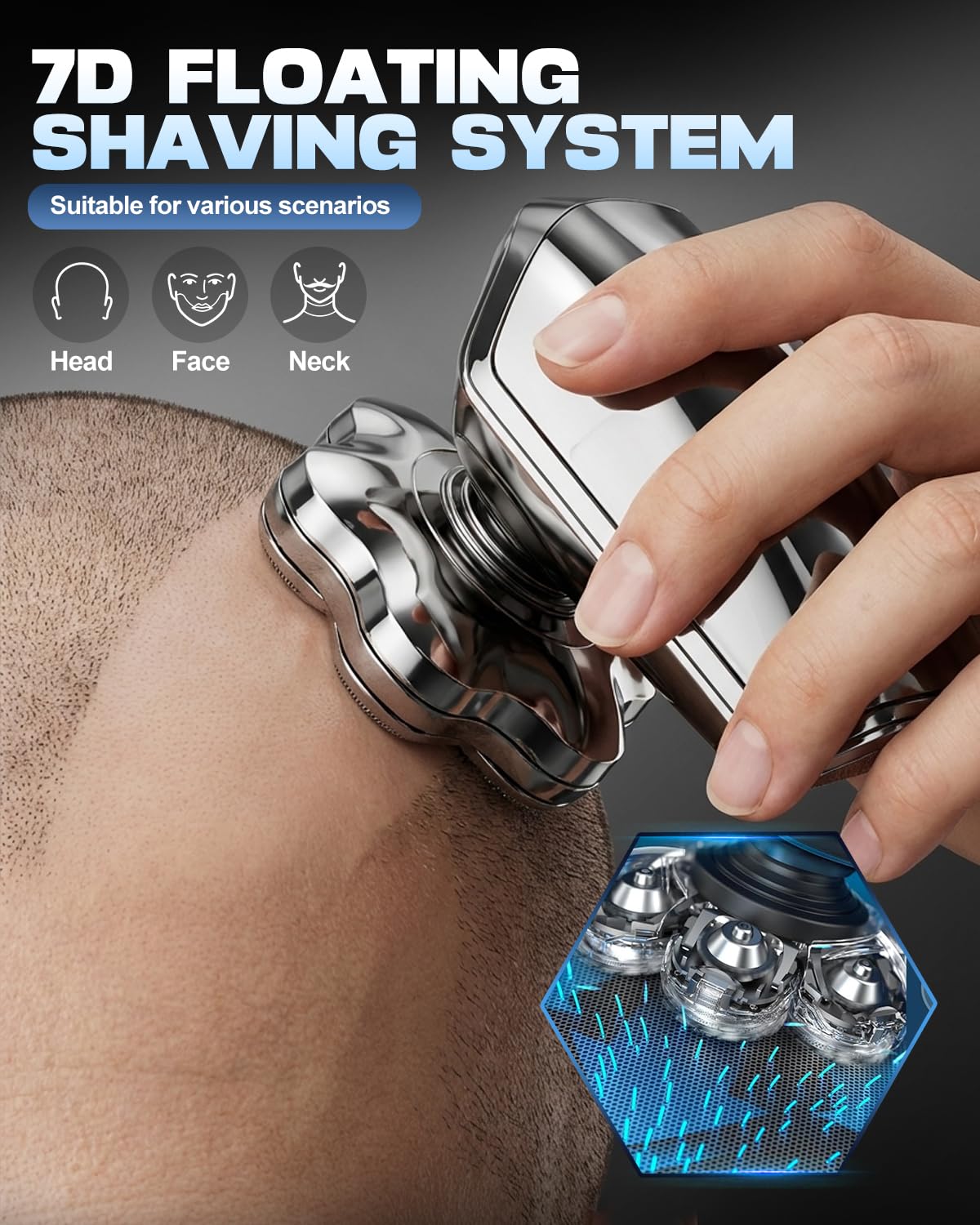 VOPH Head Shavers for Bald Men, 7D Floating Blades Electric Razor with Magnetic Detachable Heads, IPX7 Waterproof Rotary Shaver 5-in-1 Self-Grooming Kit Gift for Balder