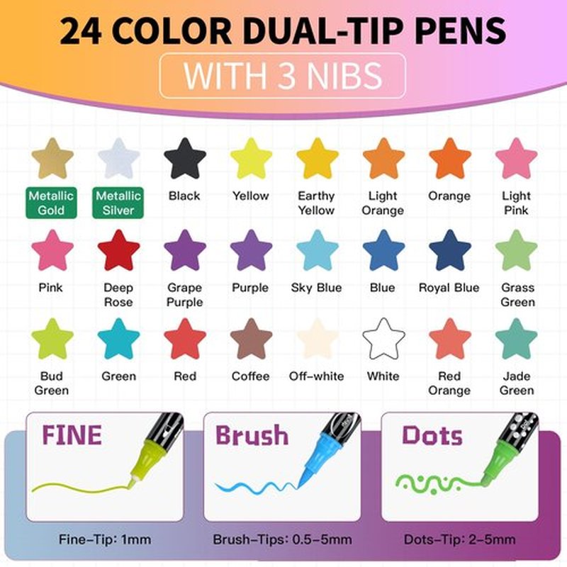 24 Colors Nail Art Markers Pens Kit, Acrylic Paint Non-Toxic Waterproof, Nail Polish Pen Marker with (0.5-5mm)3Types Tips for 3D Nail Art, Diy Nail Art Tools, Dotting Drawing Painting Point Home Salon